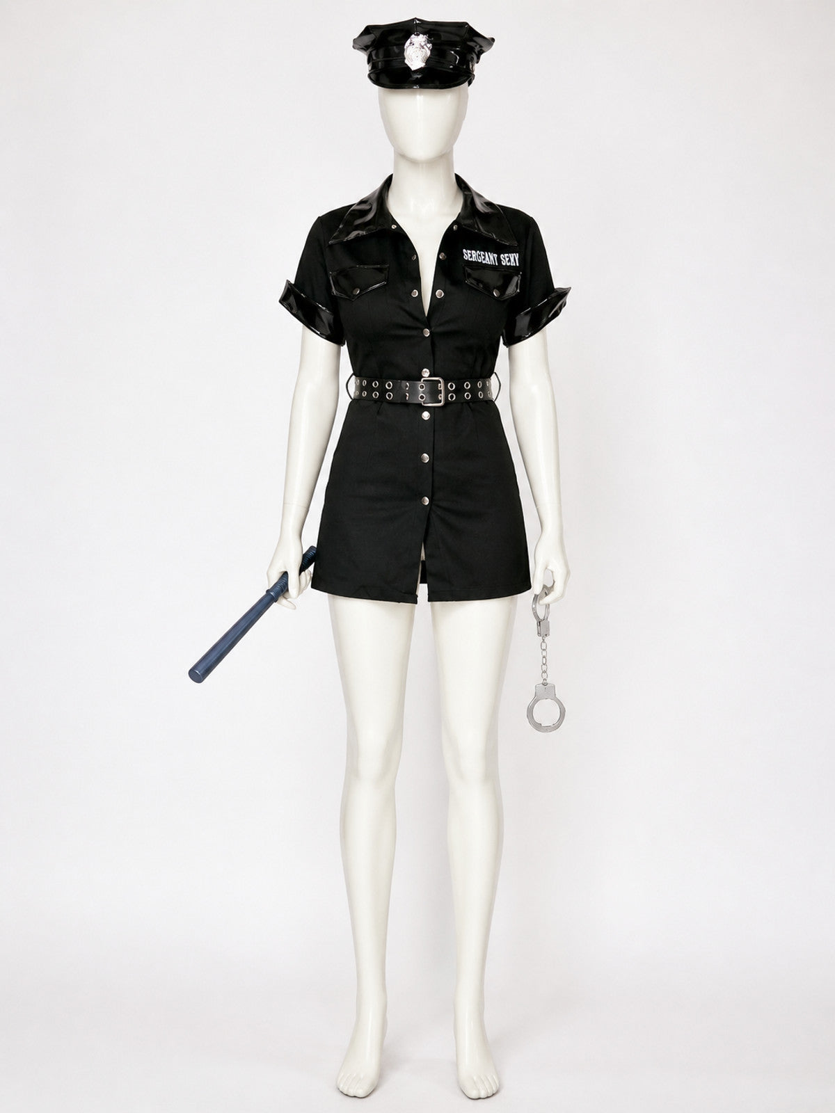 Women's Police Costume Set, Short-Sleeve Collared Bodysuit Dress with Belt, Hat