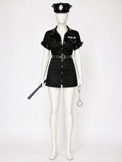 Women's Police Costume Set, Short-Sleeve Collared Bodysuit Dress with Belt, Hat