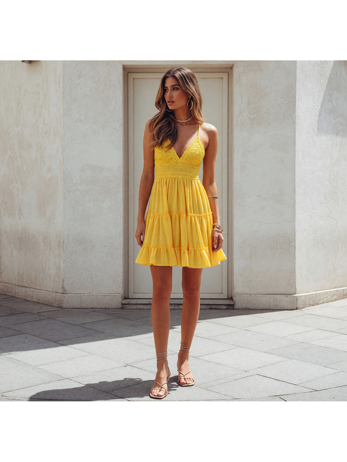 Yellow Women's V-Neck Spaghetti-Strap Dress with Ruffles Costume Dresses detail