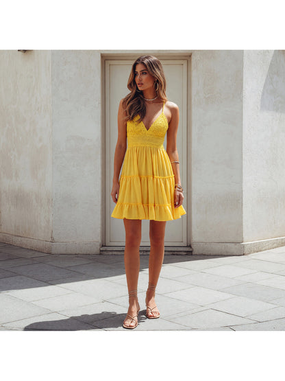 Yellow Women's V-Neck Spaghetti-Strap Dress with Ruffles Costume Dresses detail