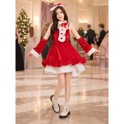 Christmas-Themed Dress with Bow and Ruffles lifestyle