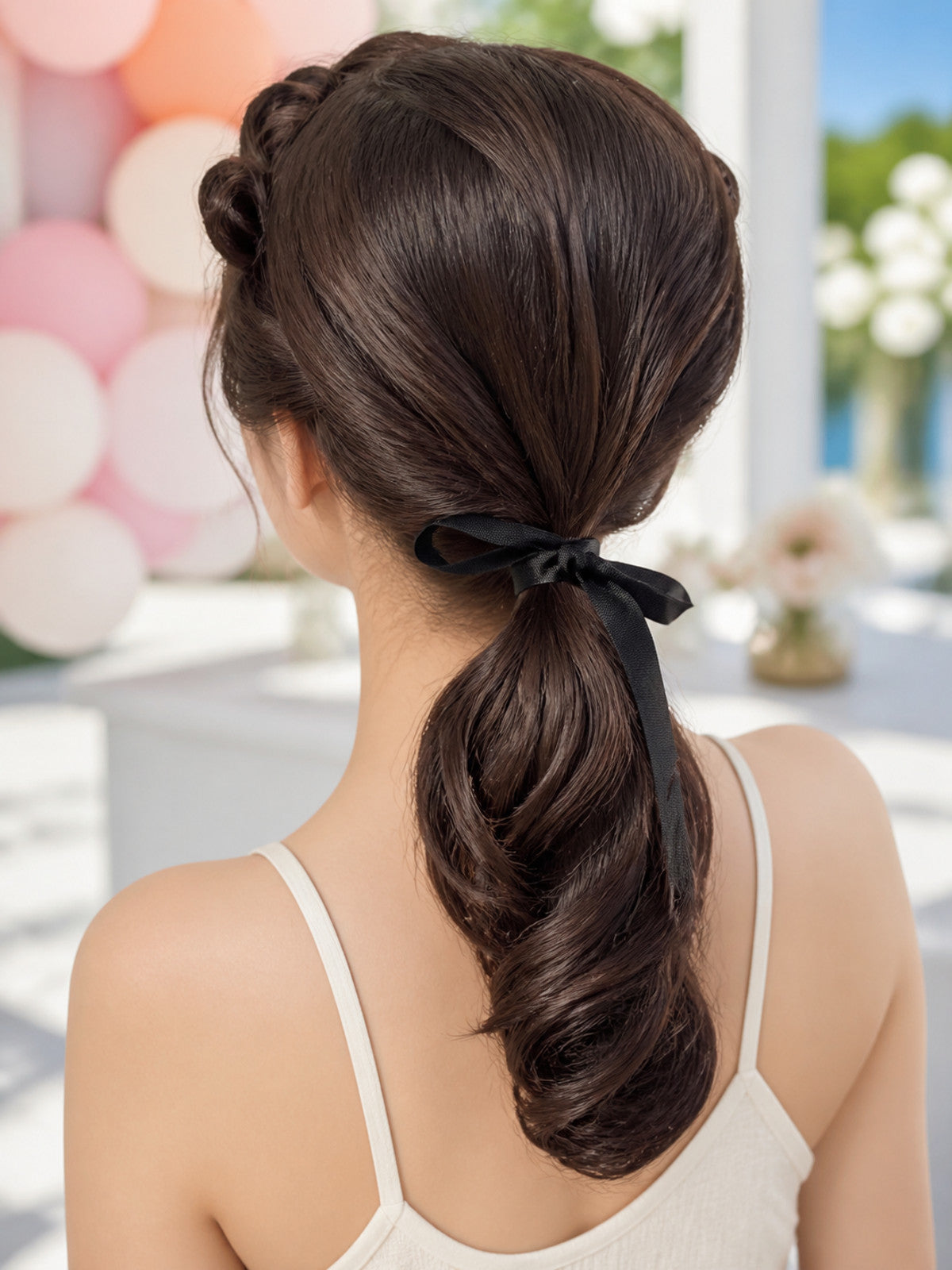 Dark brown glossy costume wig shown from the back on a model, with curled side sections, a low ponytail, and black ribbon