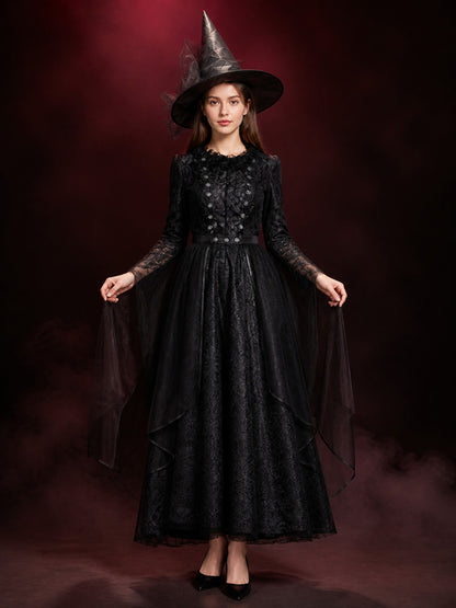 Black Witch Costume Dress with Layered Skirt and Hat, Halloween Outfit