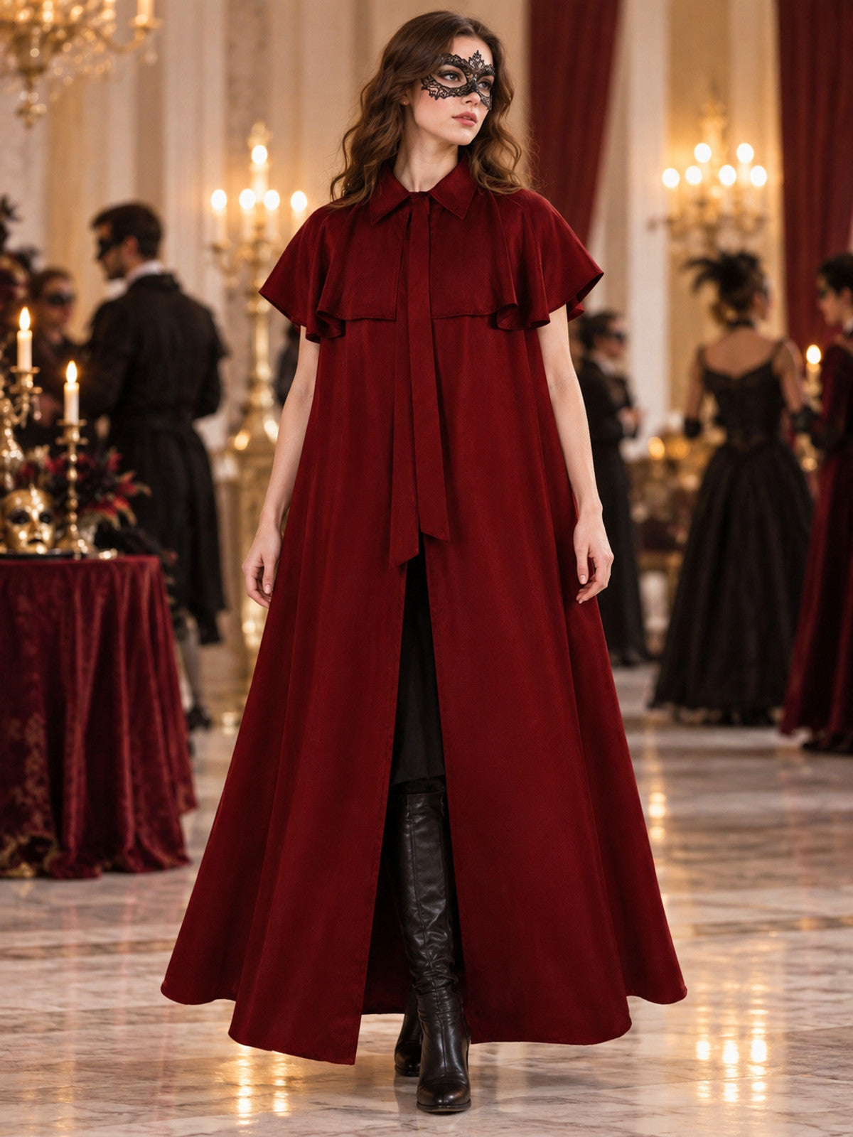 Burgundy Cape Cloak with Collar and Short Capelet