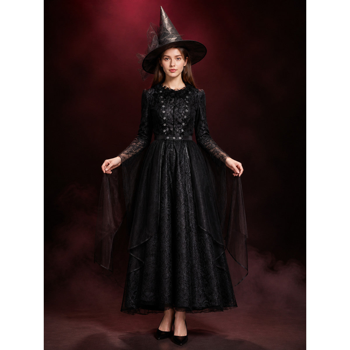 Black Witch Costume Dress with Layered Skirt and Hat, Halloween Outfit main product view