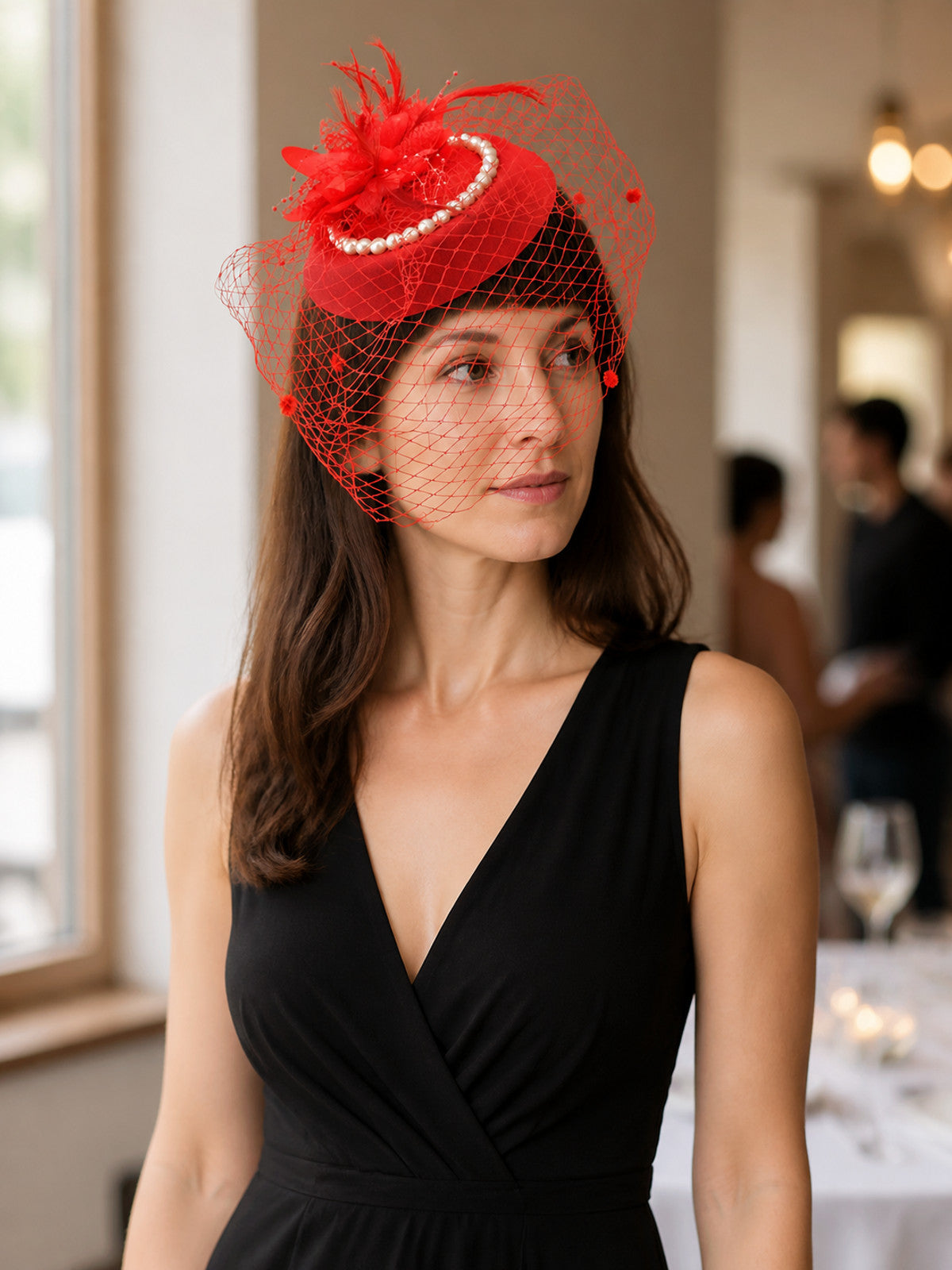 Red Carnival Headpiece with Veil and Feathers lifestyle view
