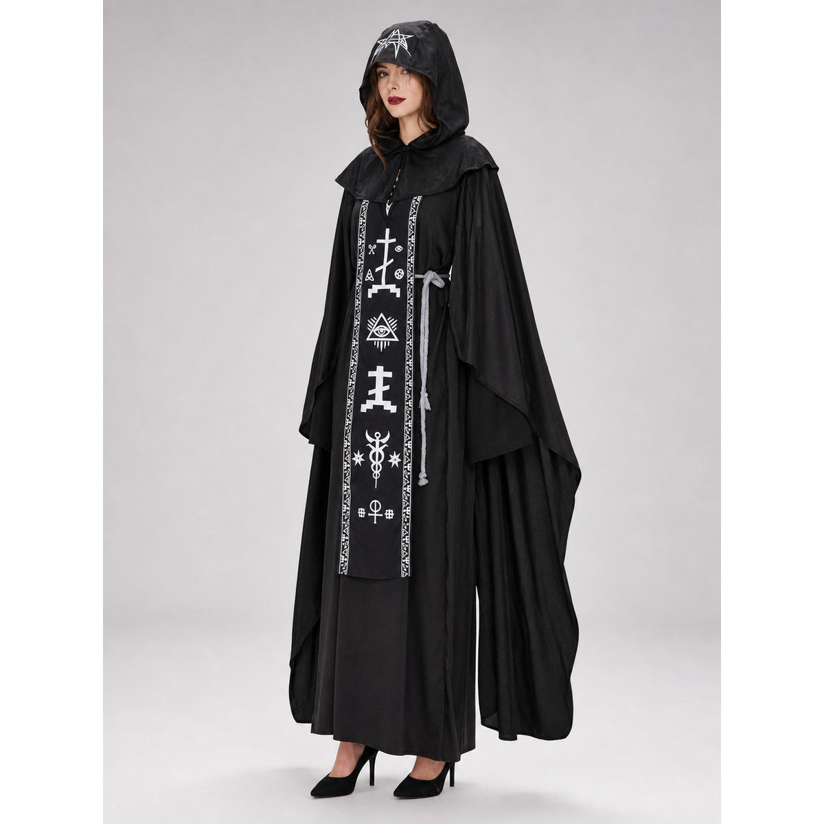 Gothic cosplay robe with hood and print lifestyle