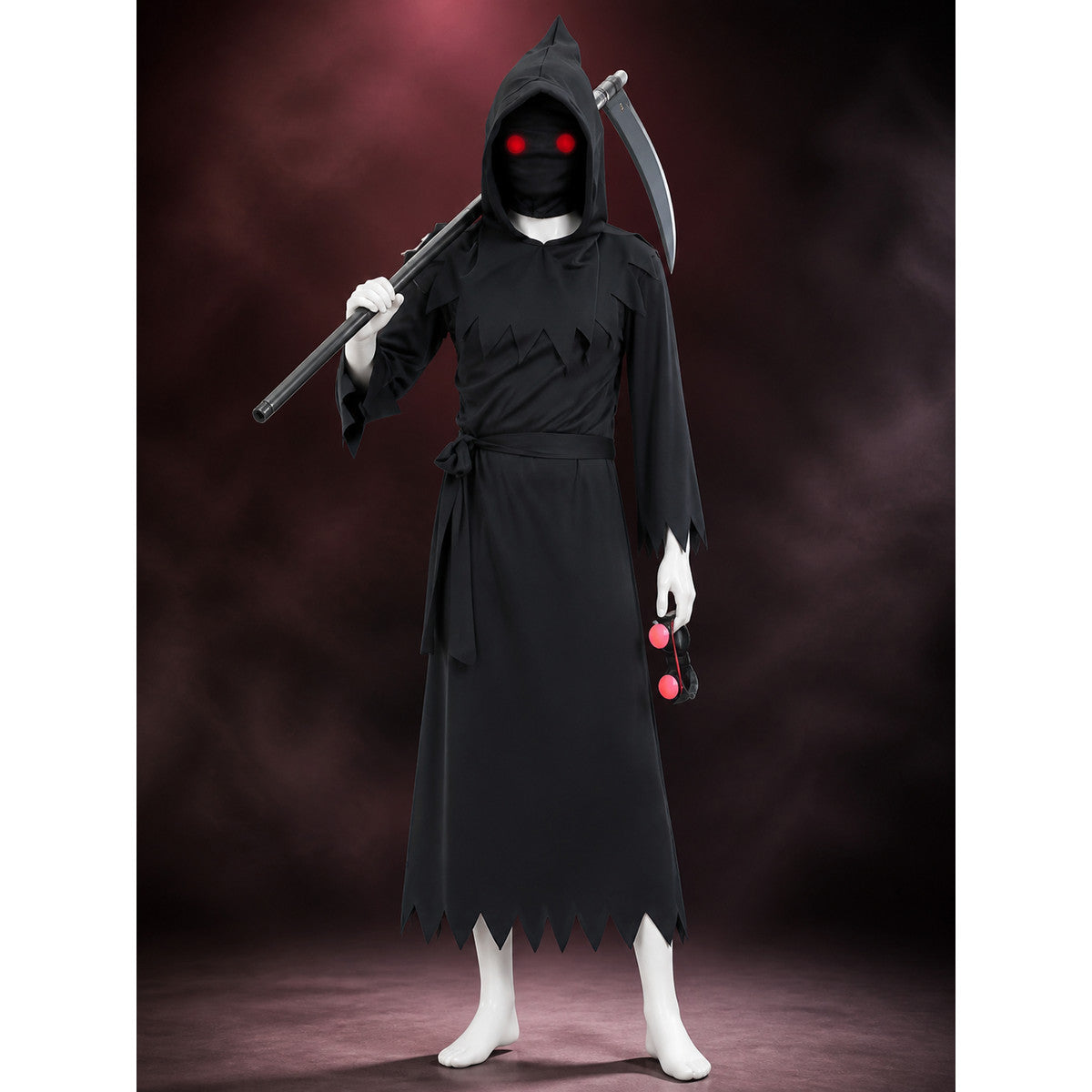Halloween Grim Reaper Costume Set with Hooded Mask, Glowing Eyes & Scythe main product view