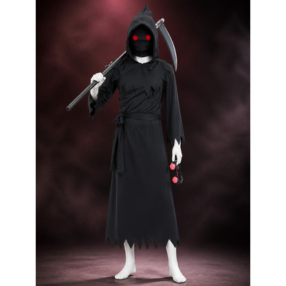 Halloween Grim Reaper Costume Set with Hooded Mask, Glowing Eyes & Scythe main product view
