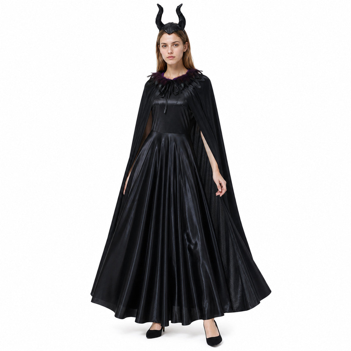 Black Witch Costume with Long Dress and Cape Costume Dresses detail