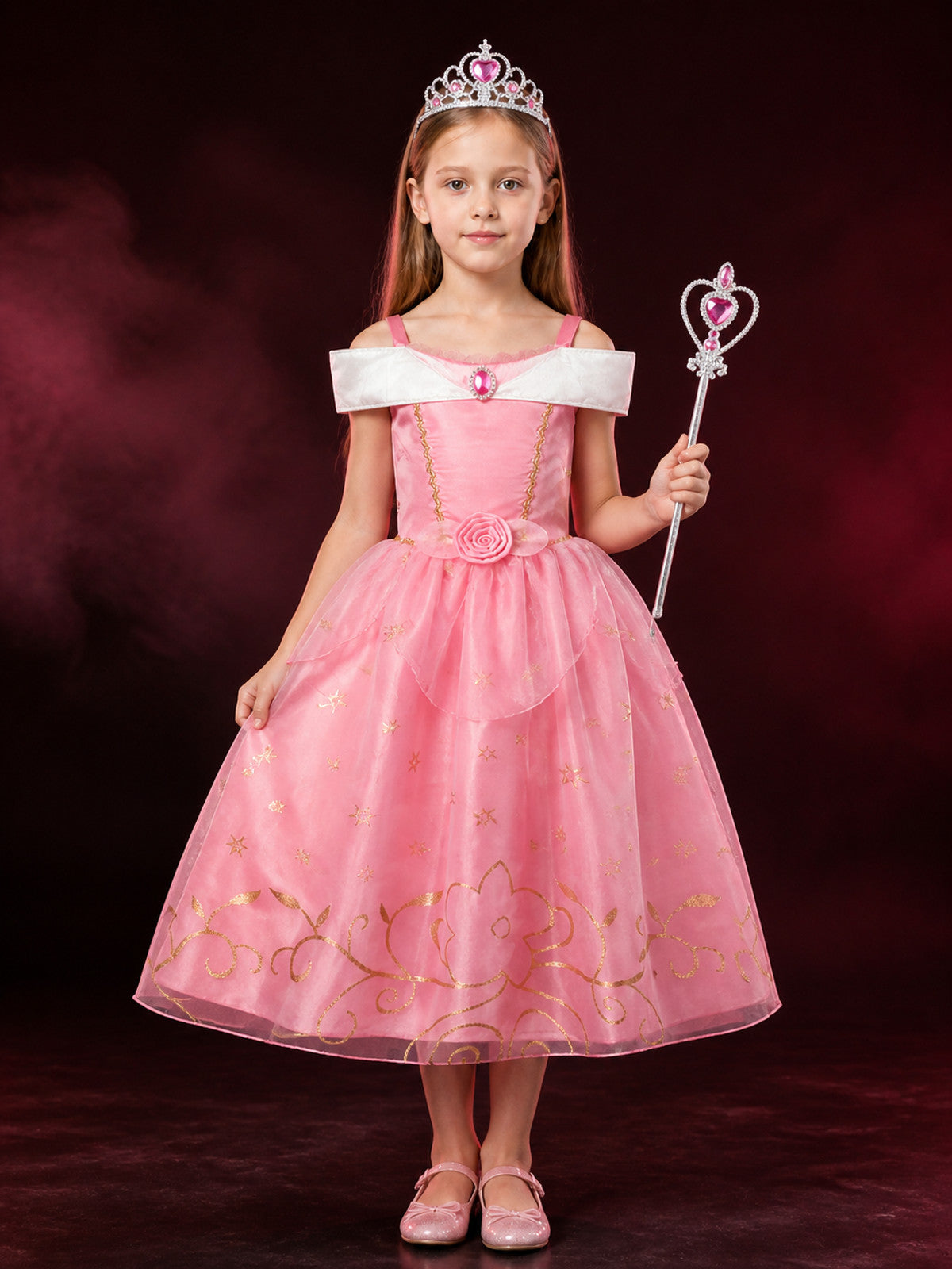 Girls Princess Costume Set - Pink Tulle Dress, Crown & Wand, Gold Star Decor for