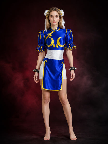 Women's Chun-Li Anime Cosplay Costume Set, Blue Qipao Outfit With Accessories
