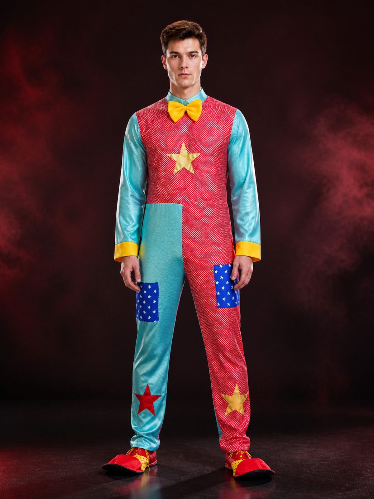 Unisex Adult Clown Jumpsuit Costume, Red and Blue Star Pattern with Bow Tie for main product view