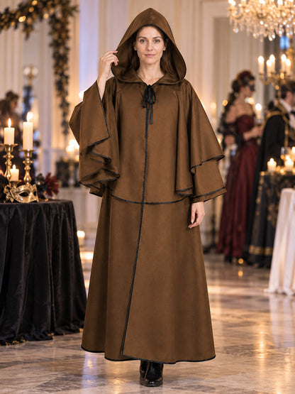 Long Brown Cloak with Hood and Layered Cape