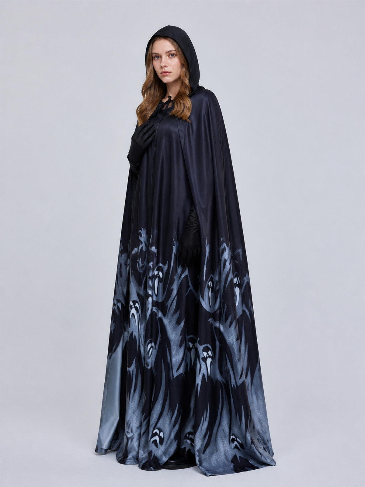Witch Costume with Hood and Long Ghost-Patterned Dress