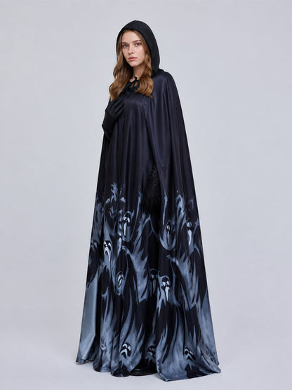 Witch Costume with Hood and Long Ghost-Patterned Dress