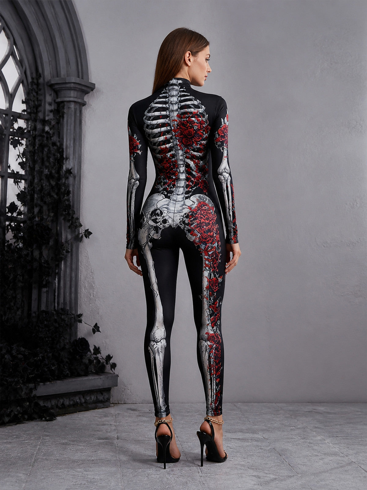 Gothic Style High Collar Jumpsuit with Skull and Rose Pattern, Long Sleeves