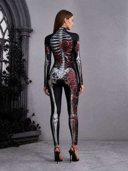 Gothic Style High Collar Jumpsuit with Skull and Rose Pattern, Long Sleeves