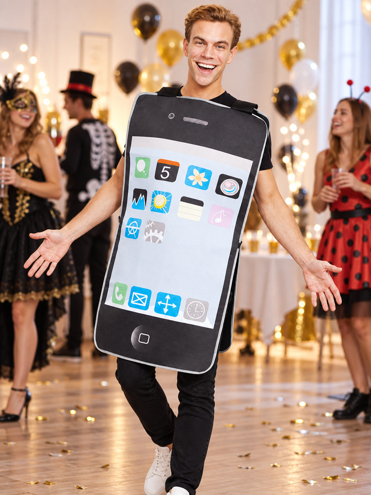 Smartphone-shaped carnival costume with screen and button