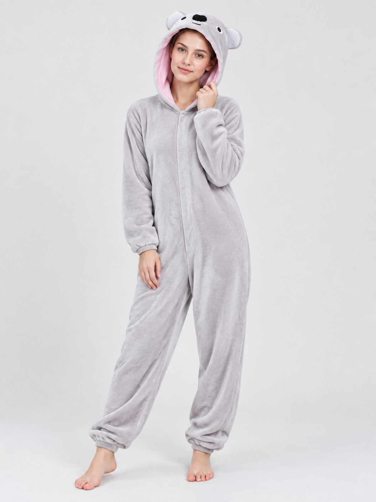 Gray fleece hooded pajama jumpsuit with ears