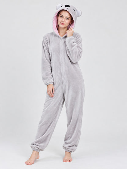 Gray fleece hooded pajama jumpsuit with ears