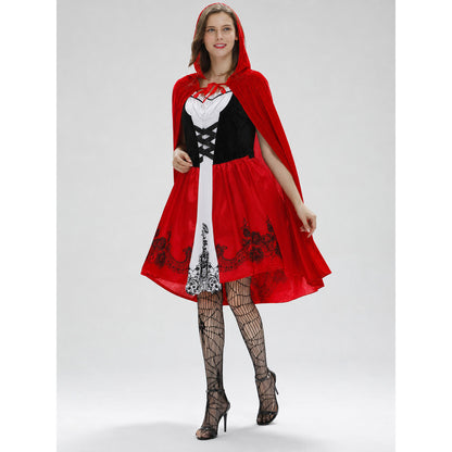 Dress with Hooded Cape, Red-and-Black Look