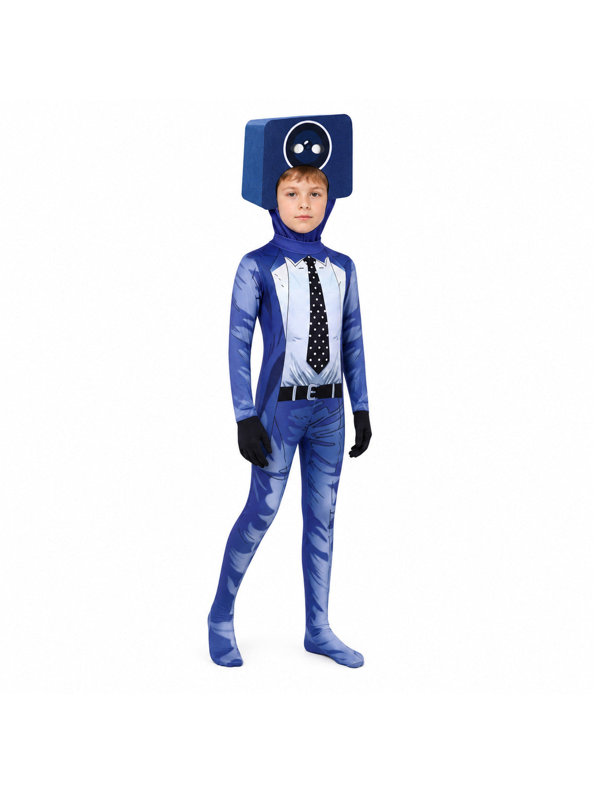 TV Man Cosplay Jumpsuit with Headpiece Costume Headwear detail