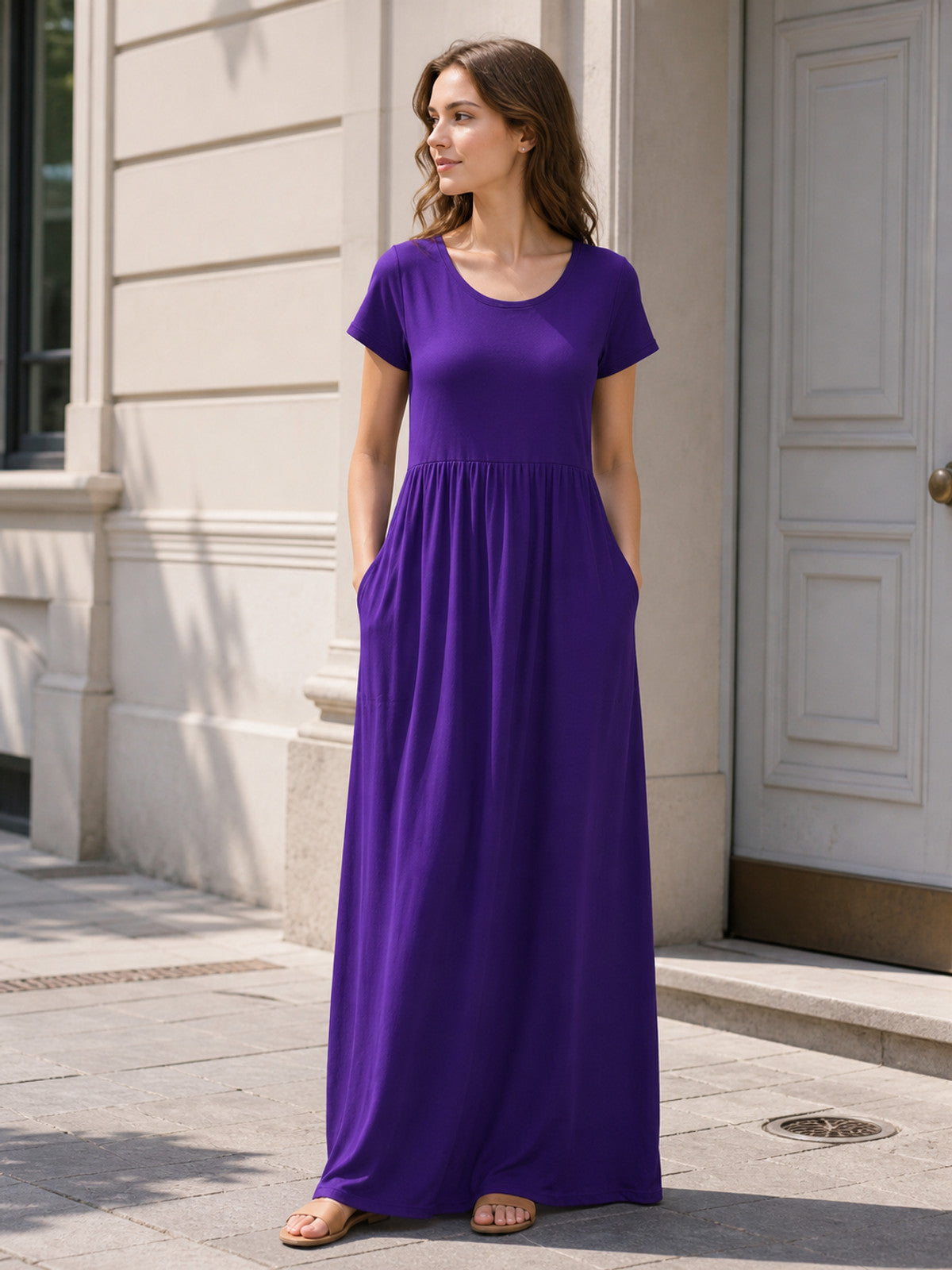 Women's Long Purple Short-Sleeve Dress
