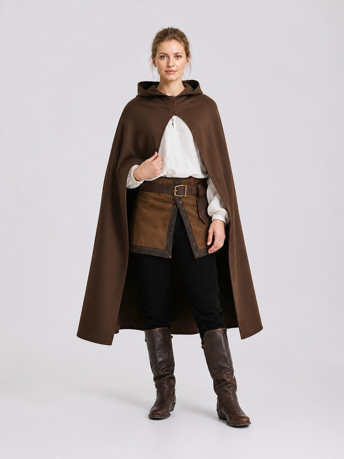 Brown hooded cape shown on a full-body model at an angle, with a smooth matte finish and draped front panels