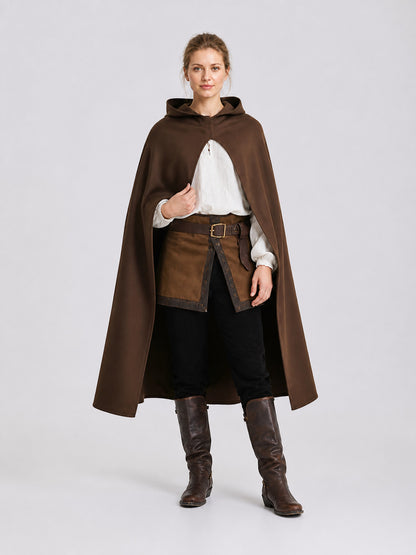 Brown hooded cape shown on a full-body model at an angle, with a smooth matte finish and draped front panels