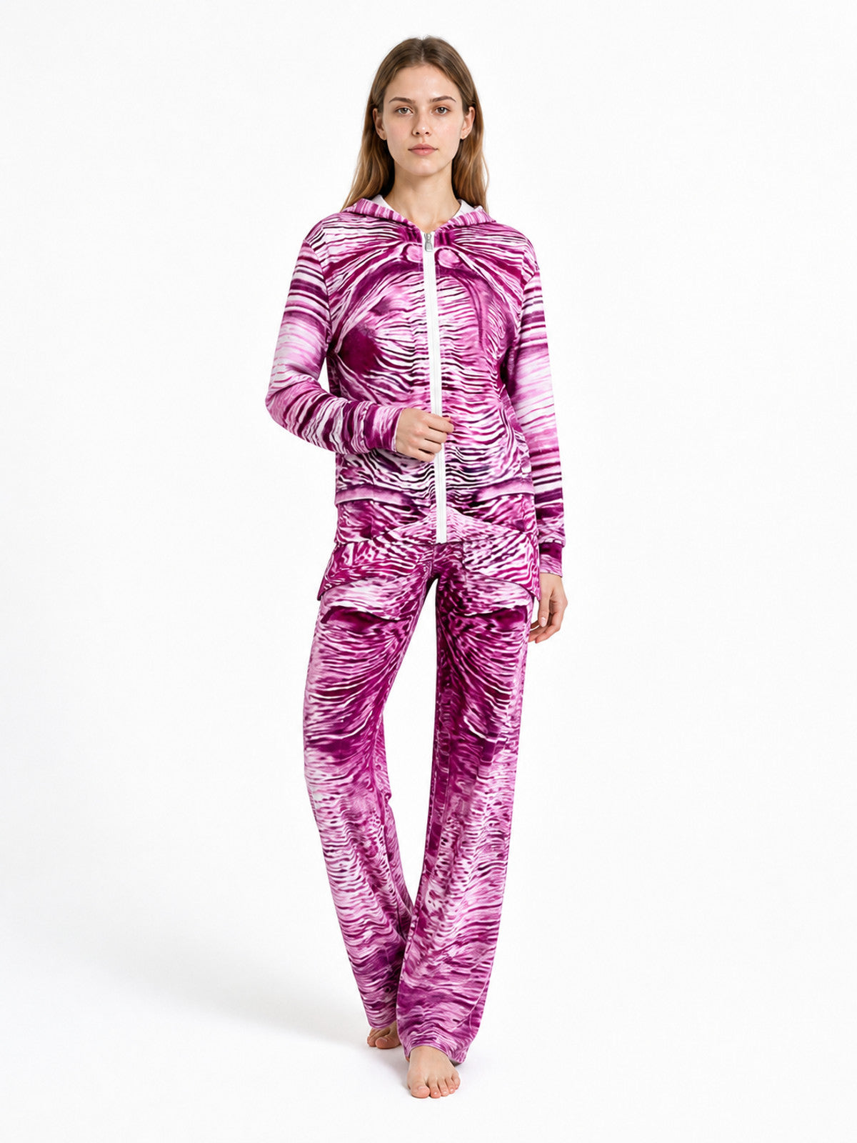 Hooded Jacket and Pants Costume with Pink, White, and Black Print