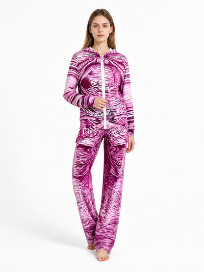 Hooded Jacket and Pants Costume with Pink, White, and Black Print