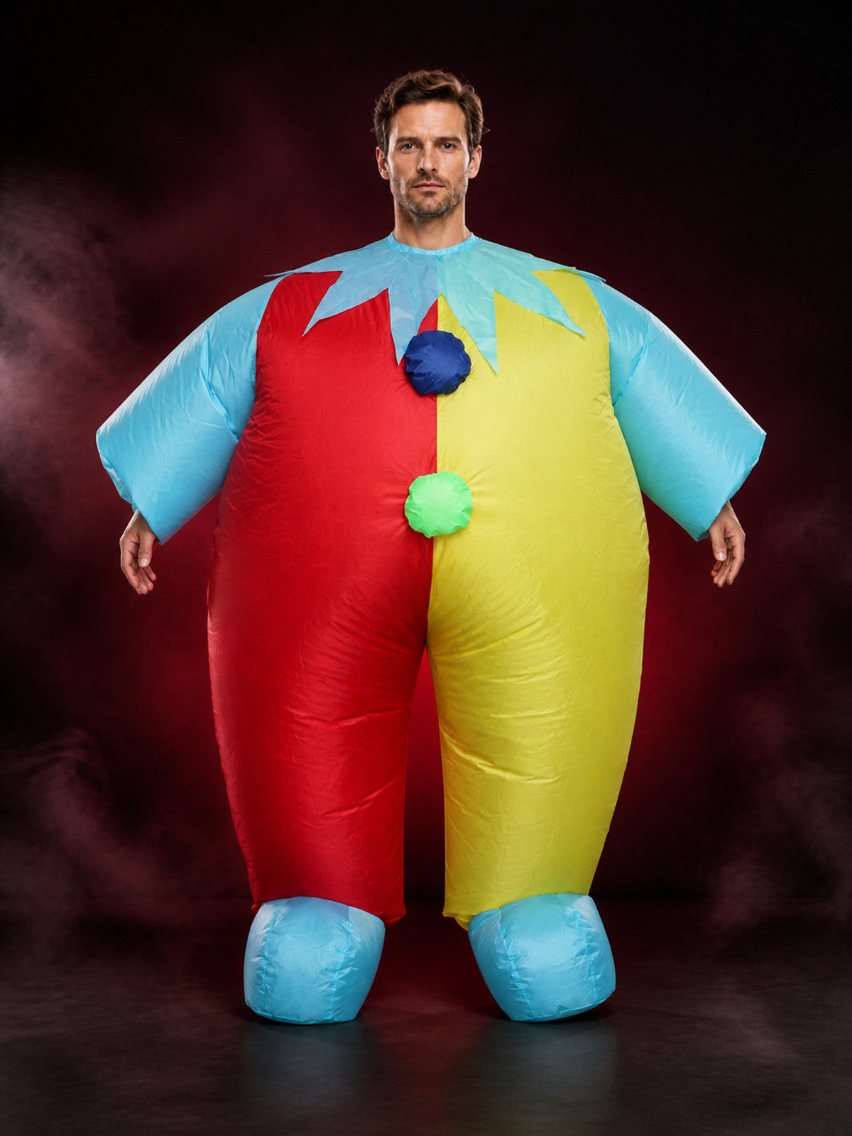 Unisex Inflatable Clown Costume Jumpsuit, Red Yellow Multi-Color Halloween main product view