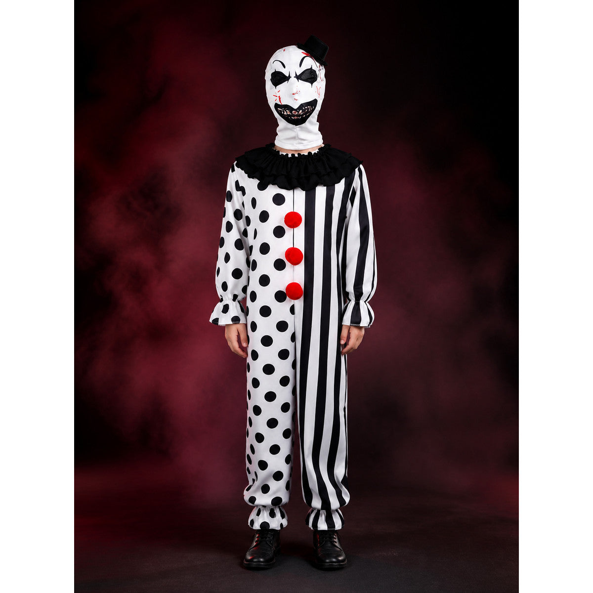 Kids' Clown Jumpsuit Costume with Mask & Hat, Black and White Polka Dot and main product view