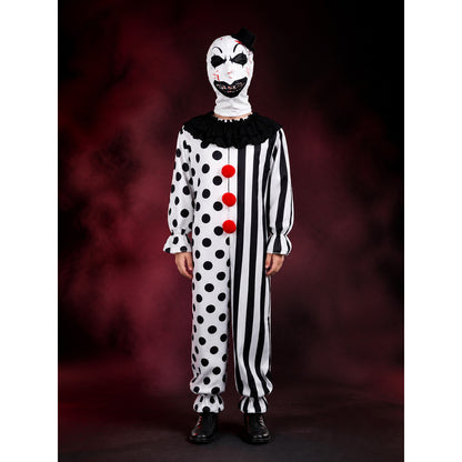 Kids' Clown Jumpsuit Costume with Mask & Hat, Black and White Polka Dot and main product view