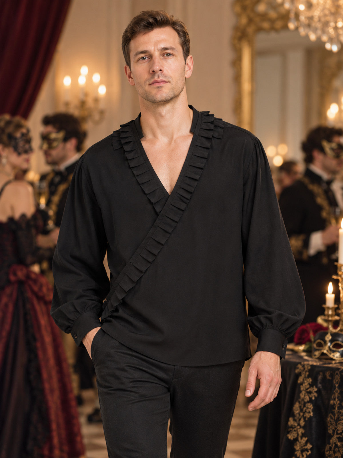 Black Shirt with Asymmetric Placket and Ruffles