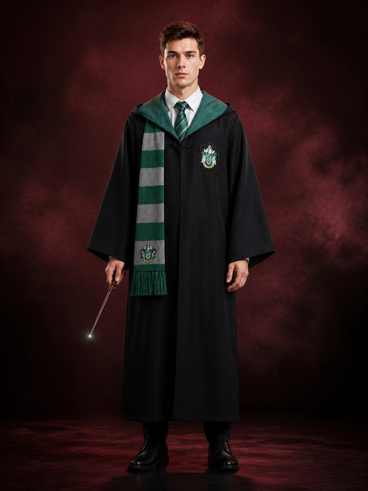 Green Hooded Wizard Robe Costume Set With Striped Scarf And Tie