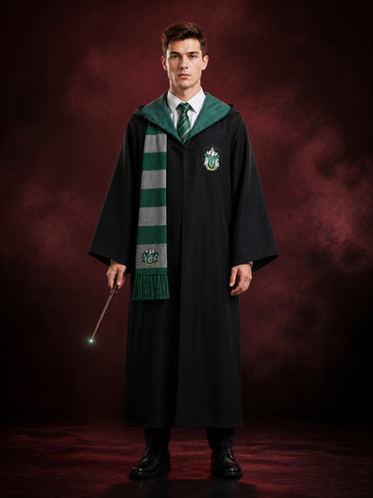 Green Hooded Wizard Robe Costume Set With Striped Scarf And Tie