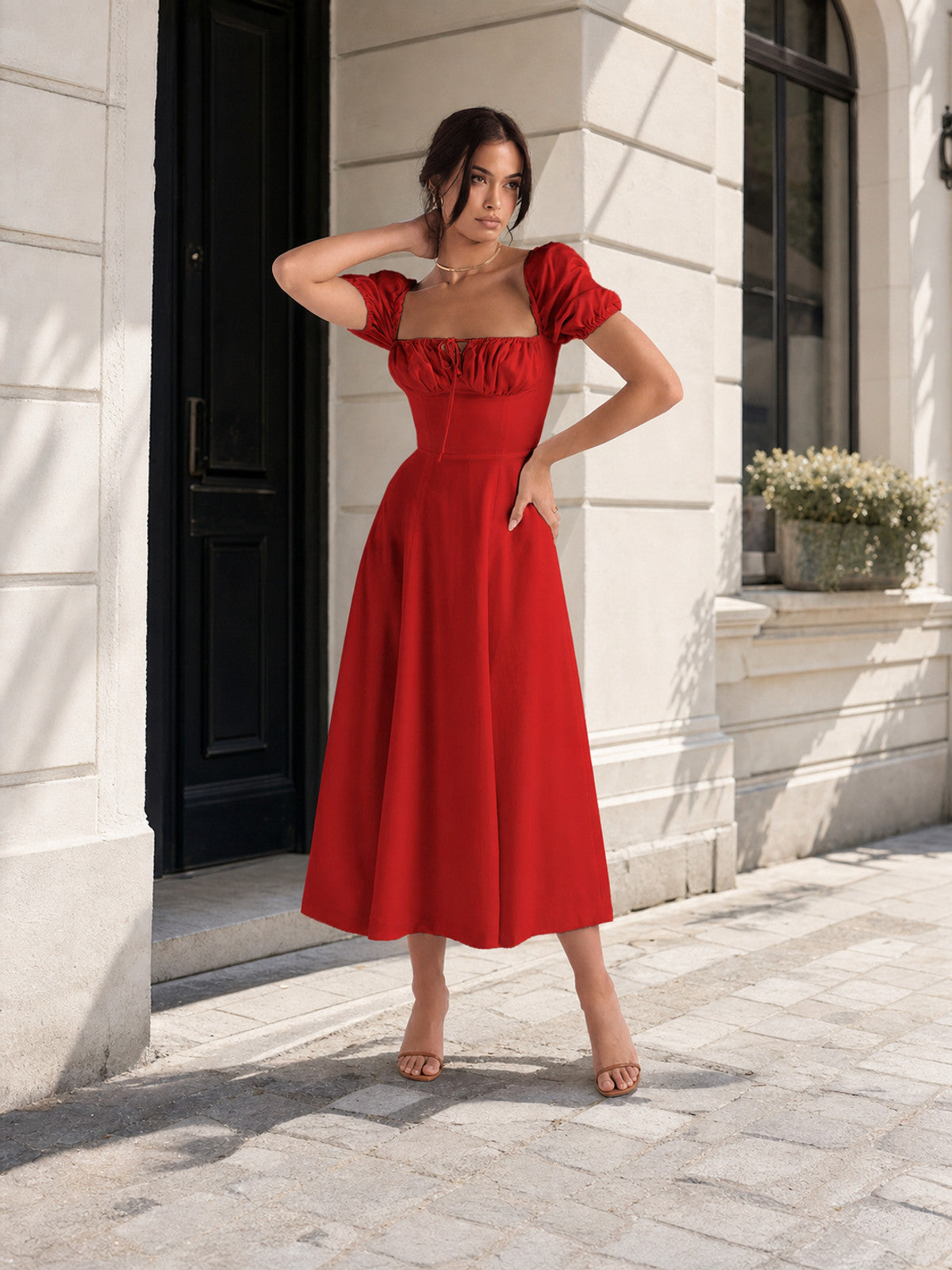 Women's Red Maxi Dress with Square Neckline Costume Dresses detail