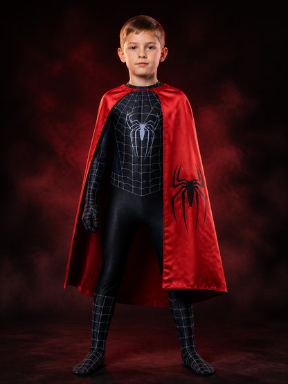 Black Spider-Themed Bodysuit Costume With Cape And Integrated Mask main product view