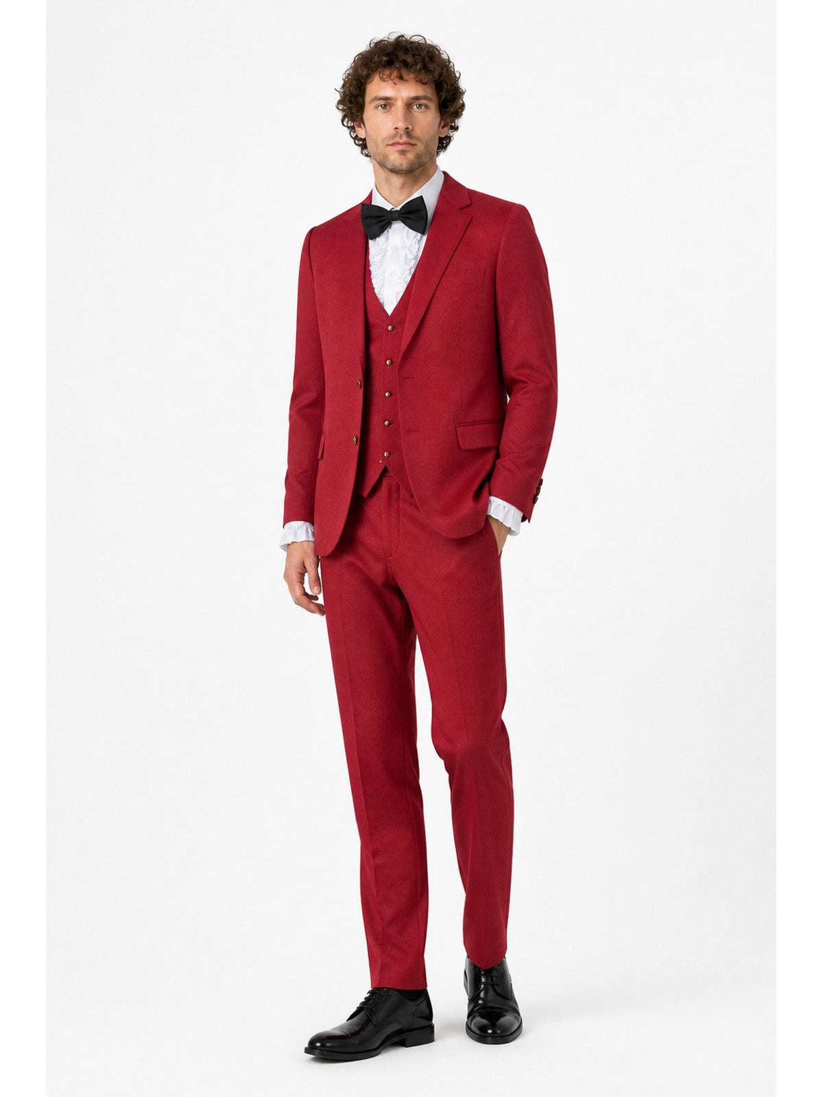 Red costume with a bow tie and white jabot for cosplay