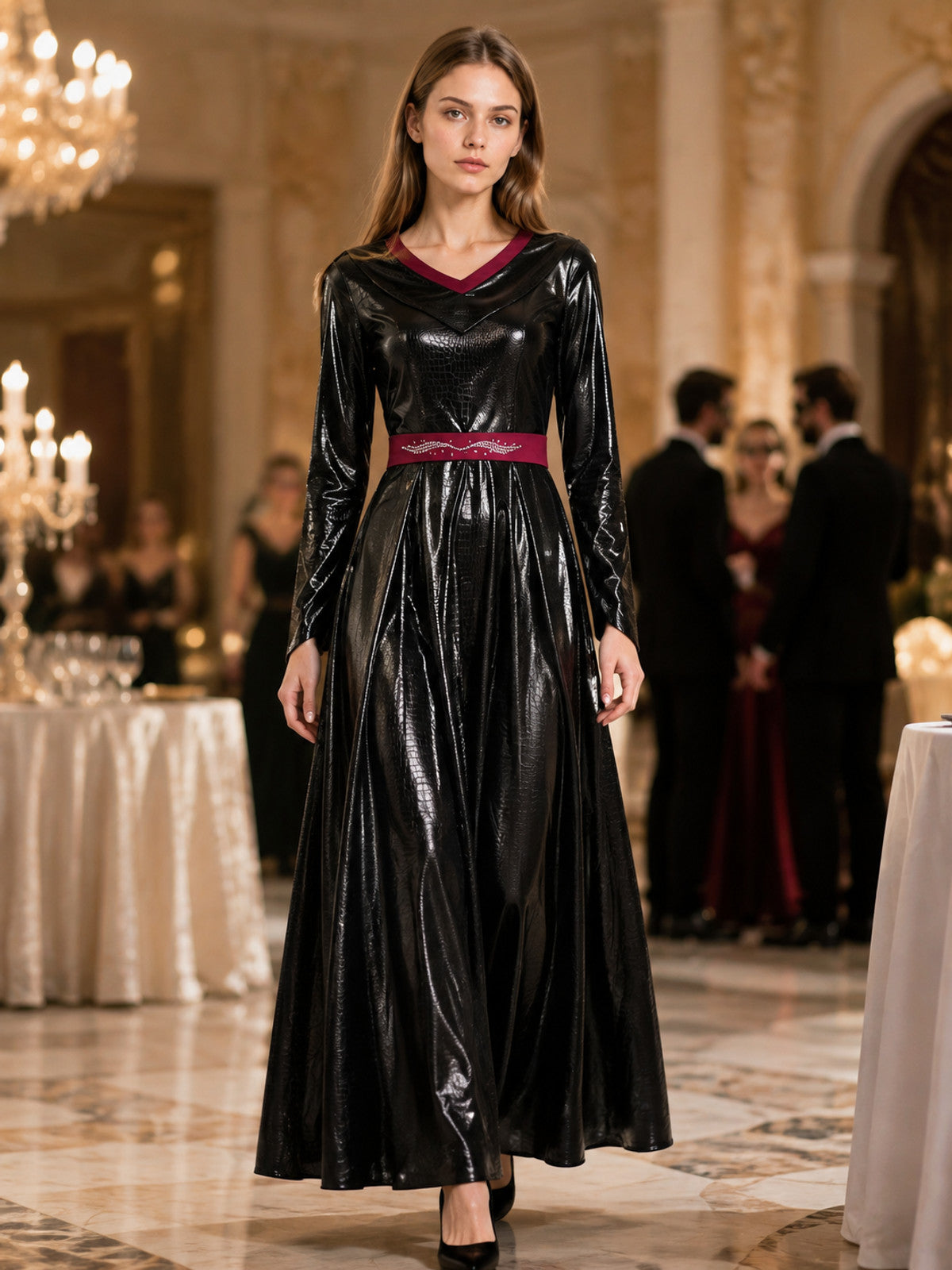 Costume Maxi Dress with Burgundy Belt lifestyle view