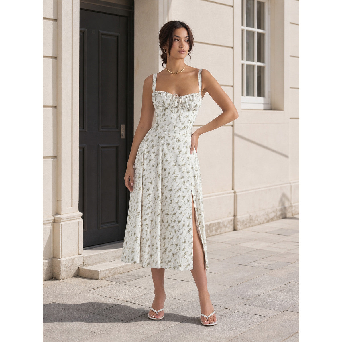 Women's Midi Dress with Square Neckline and Slit