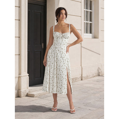 Women's Midi Dress with Square Neckline and Slit