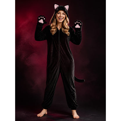 Kids' Black Cat Animal Jumpsuit Costume With Ears, Tail And Paw Gloves main product view
