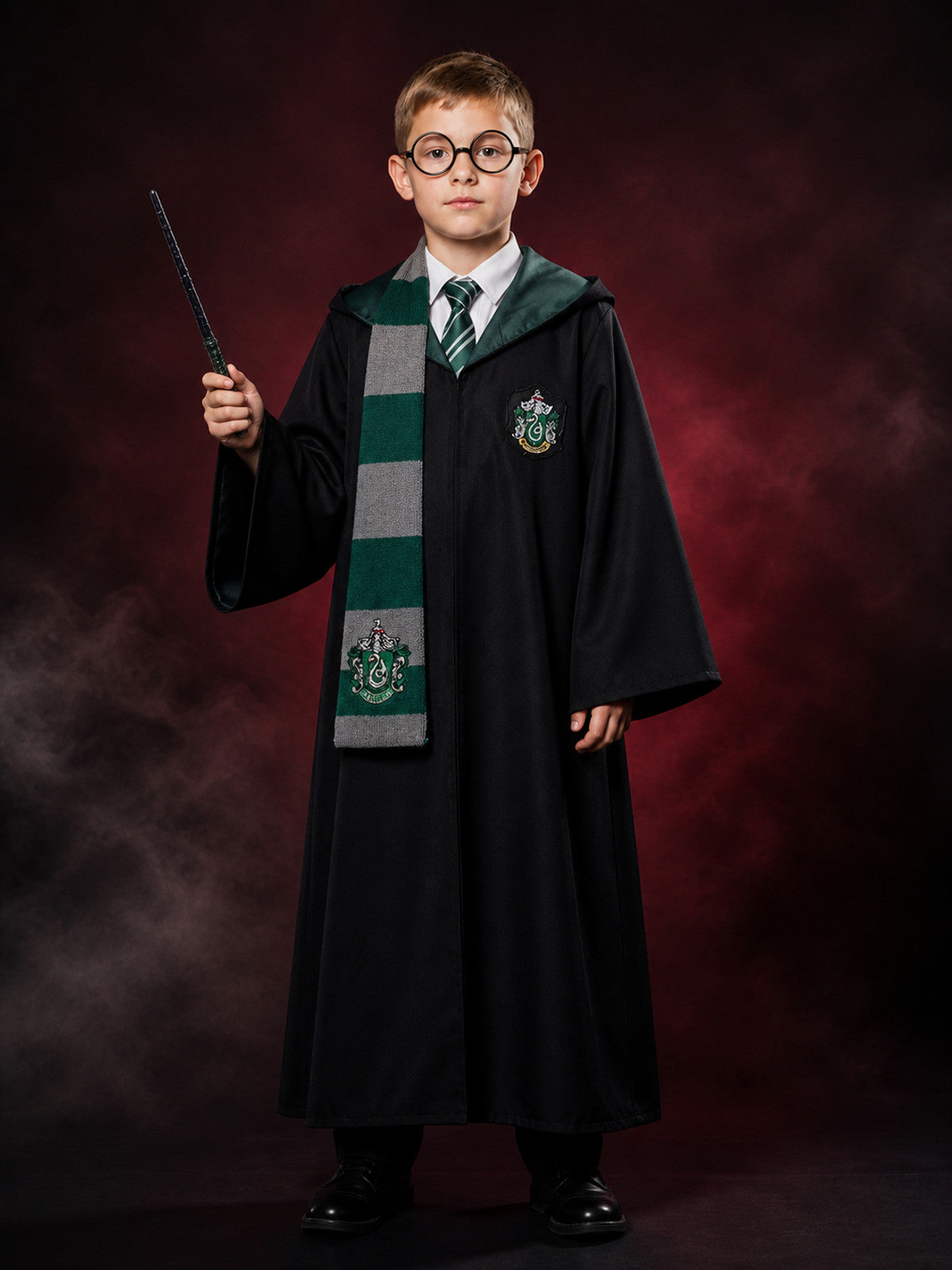 Kids Slytherin Wizard Costume Set, Hooded Robe With Scarf, Tie, Glasses And Wand main product view
