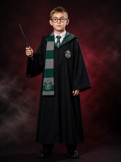Kids Slytherin Wizard Costume Set, Hooded Robe With Scarf, Tie, Glasses And Wand main product view