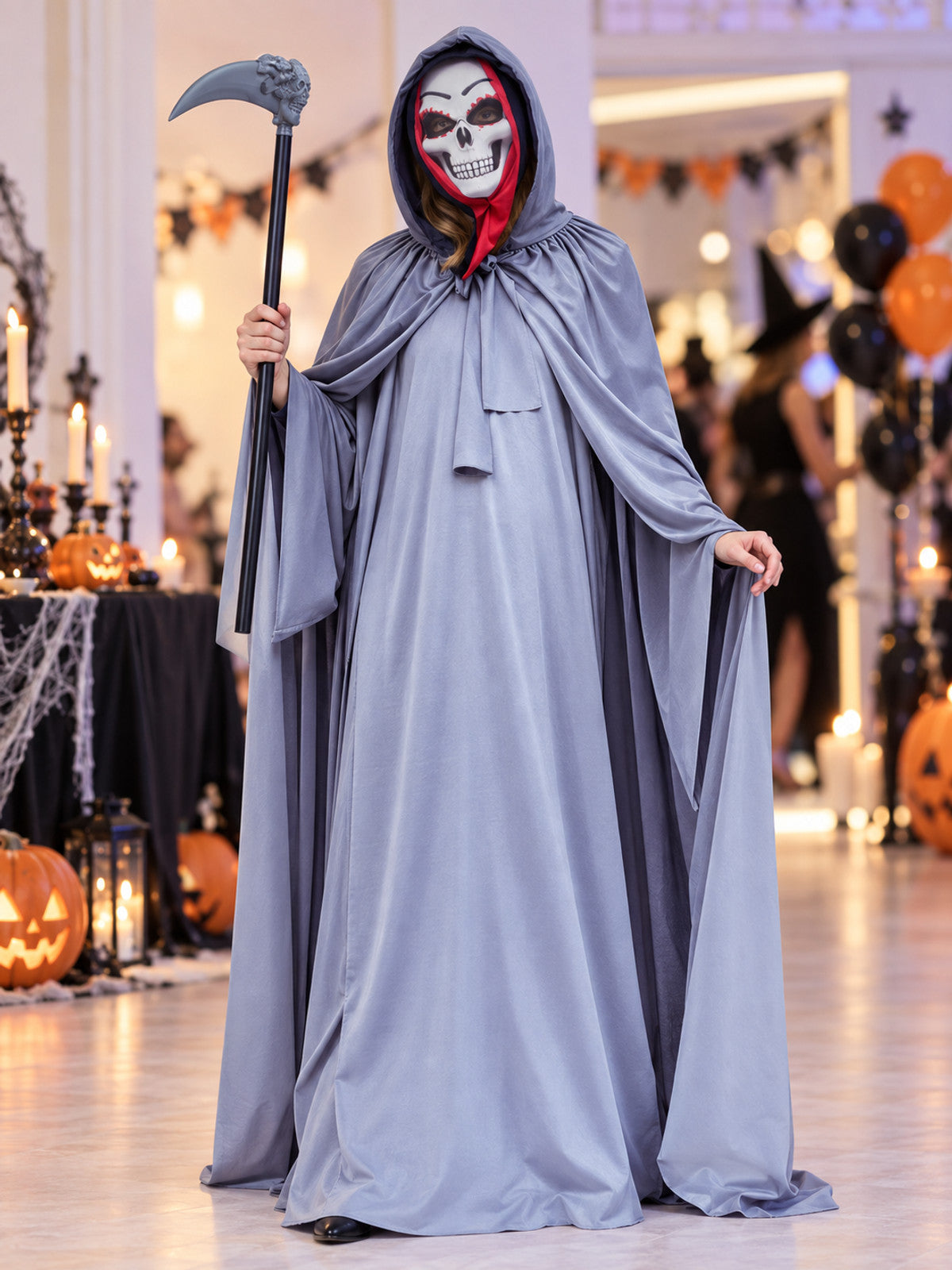 Gray-Purple Death Costume with Cape, Mask, and Scythe