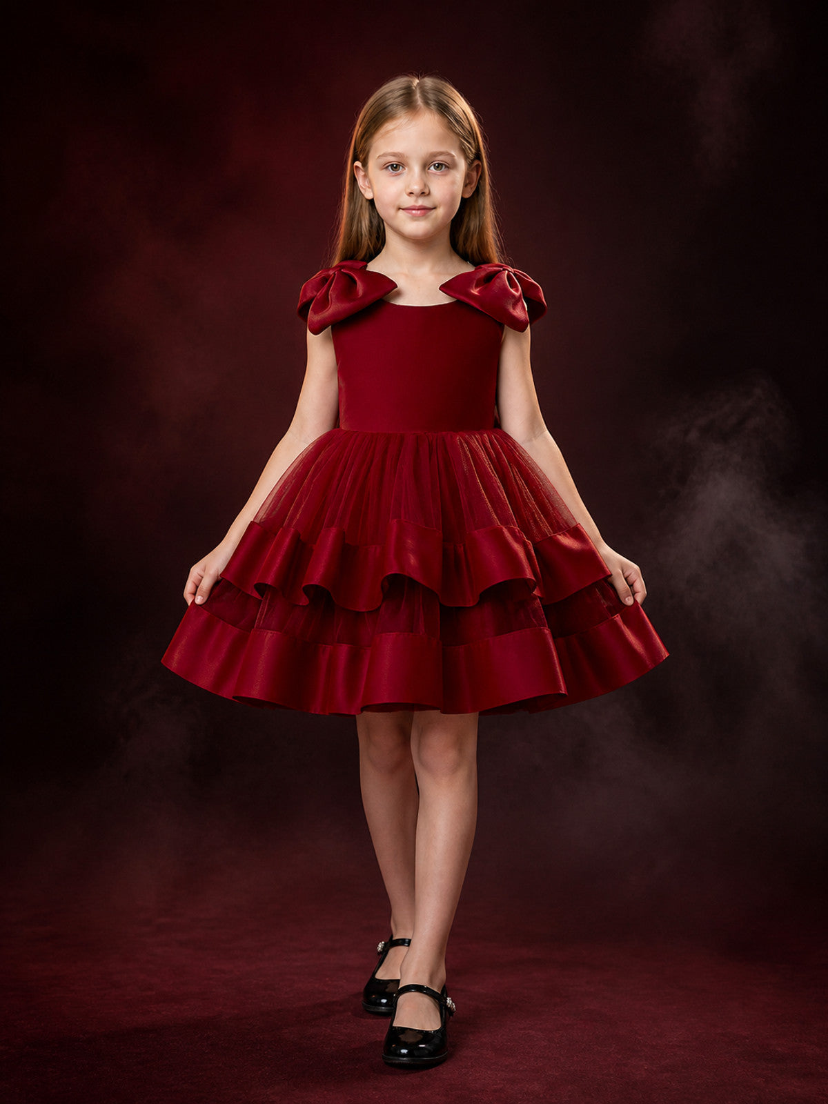 Girls' Burgundy Sleeveless Princess Dress, Layered Tulle Ruffles With Shoulder main product view