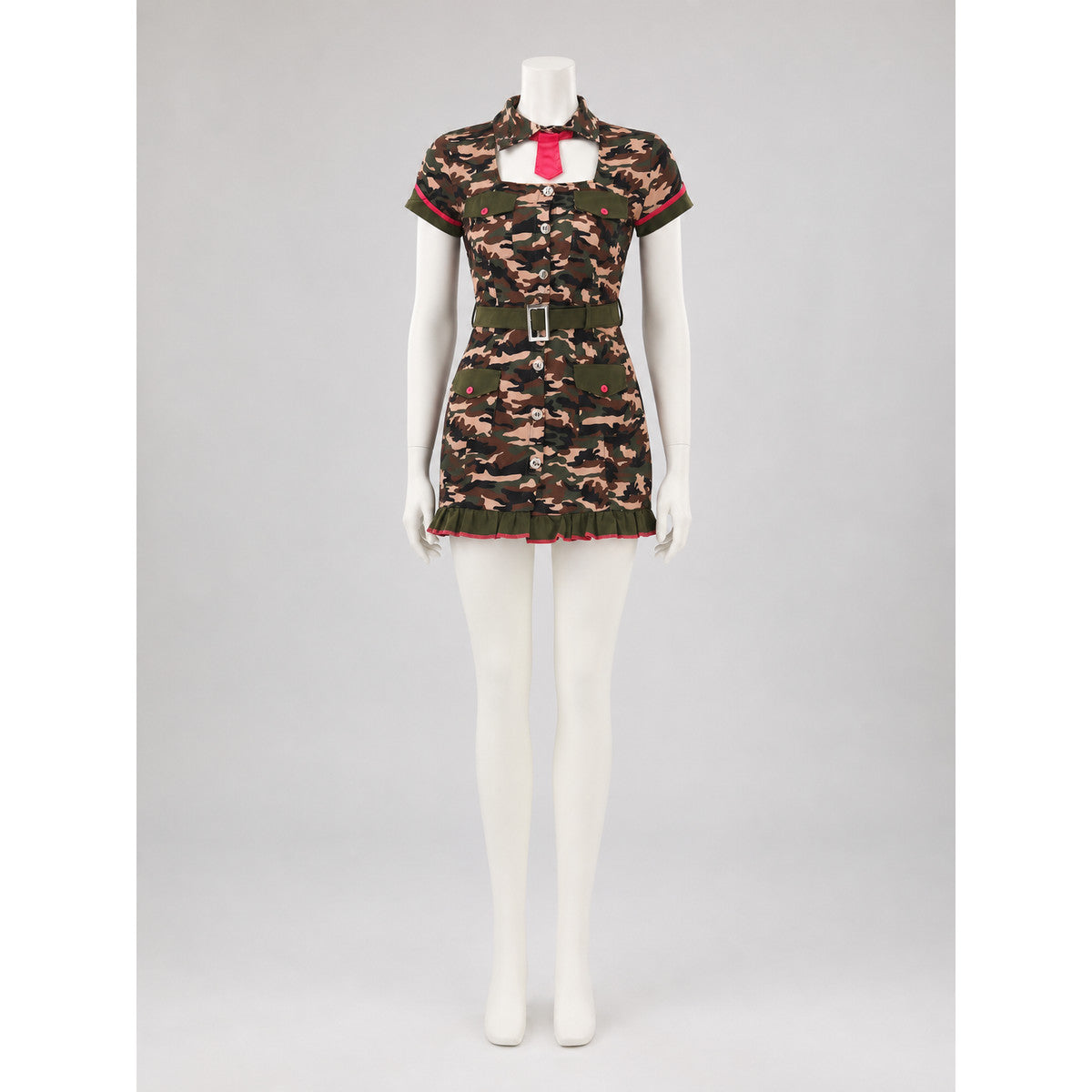 Camouflage Dress with Pockets, Belt, and Ruffles